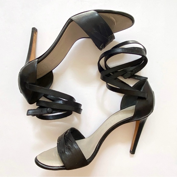 Yves saint Laurent black leather ankle wrap open toe heels - Picture 7 of 11